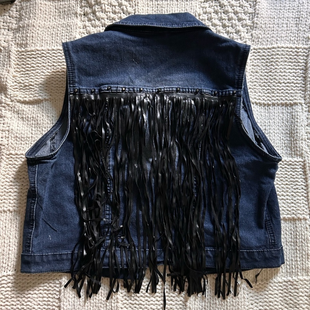 Vintage/Y2K What’s Hot Denim Vest with Black Fringe - Picture 2 of 6